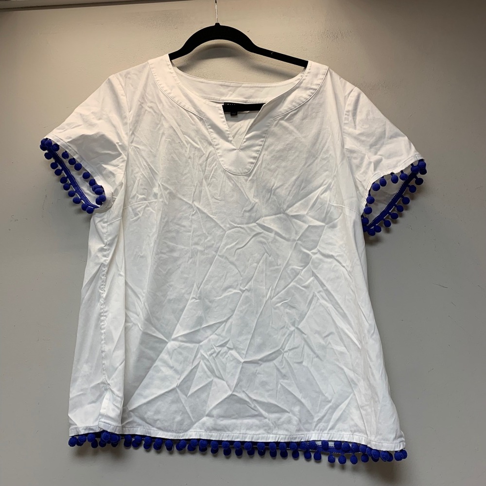 Talbots Blouse Women XL White Blue Excellent Pom Pom Trim Split Neck Tunic